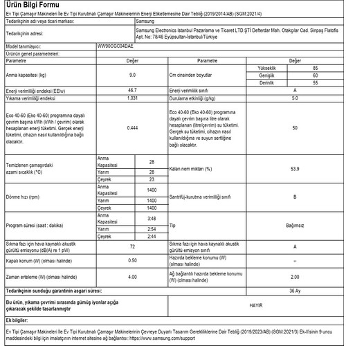 Samsung WW90CGC04DAEAH 9 Kg 1400 devir Çamaşır Makinesi, Dahili Wi-Fi, Eco Bubble Yıkama Teknolojisi