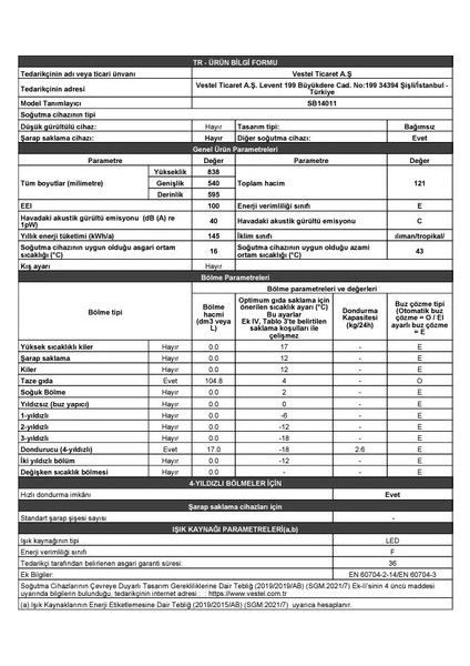 Vestel SB14011 121 Lt Statik Buzdolabı