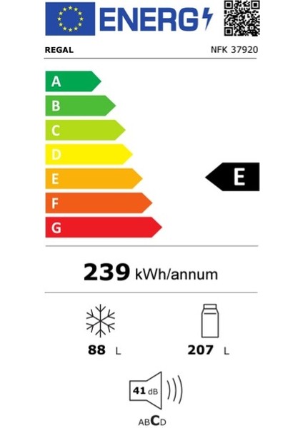 Regal Nfk 37920 E Enerji Sınıfı 294 Lt No Frost Kombi Buzdolabı
