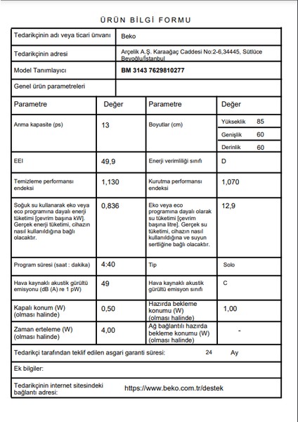 Beko BM 3143 3 Programlı Bulaşık Makinesi