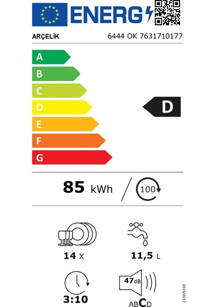 Arçelik 6444 Ok D Enerji Sınıfı 4 Programlı Bulaşık Makinesi