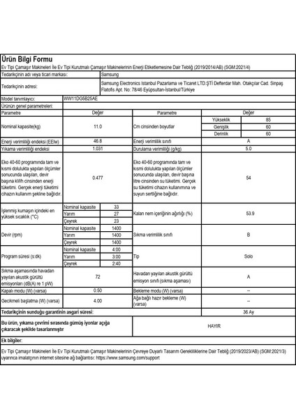 Samsung WW11DG5B25AEAH A Enerji Sınıfı 11 kg 1400 Devir Çamaşır Makinesi