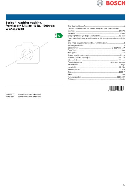 Bosch WGA25202TR 1200 Devir 10 kg Çamaşır Makinesi