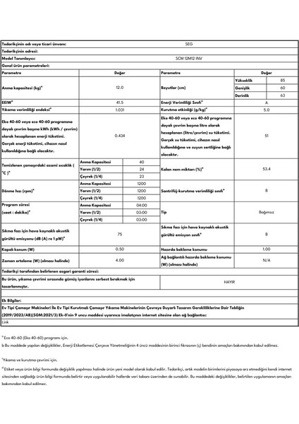 SEG Scm 12M12 Inv SEG 12 Kg 1200 Devir Inverter Buharlı Yıkama Özellikli Çamaşır Makinesi