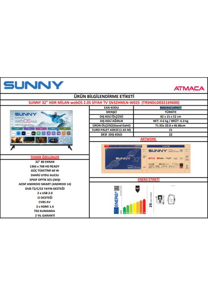Sunny SN32HMLN-W02S 32'' 80 Ekran Uydu Alıcılı HD Ready webOS LED TV
